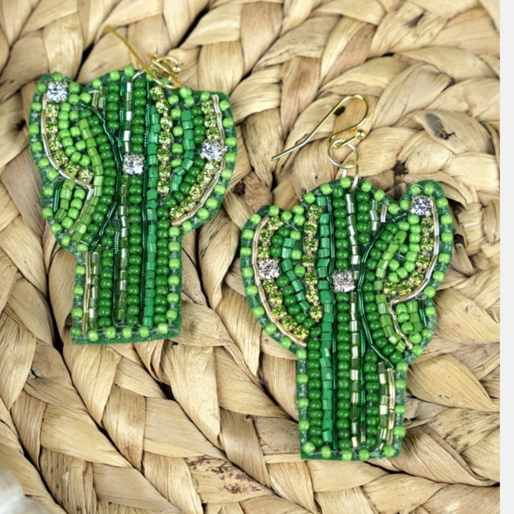 Green Beaded Cactus Earrings